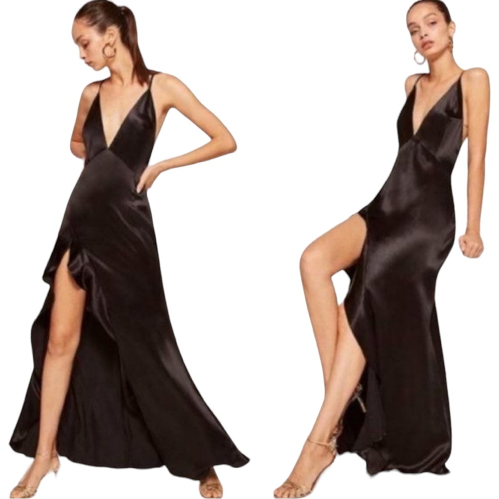 NWT Reformation Salsa Maxi Dress Silk Slit Backless 6 Black V Neck Flowy Ruffle